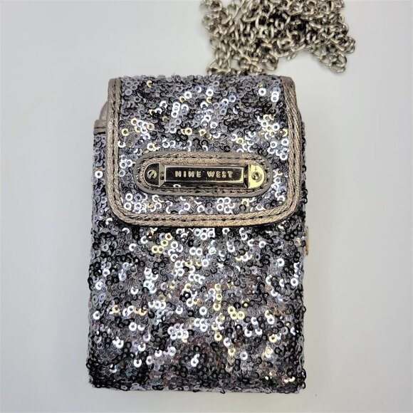 Nine West Grey Sequin Crossbody Purse Credit Card Purse Evening Bling Wristlet - Picture 1 of 16